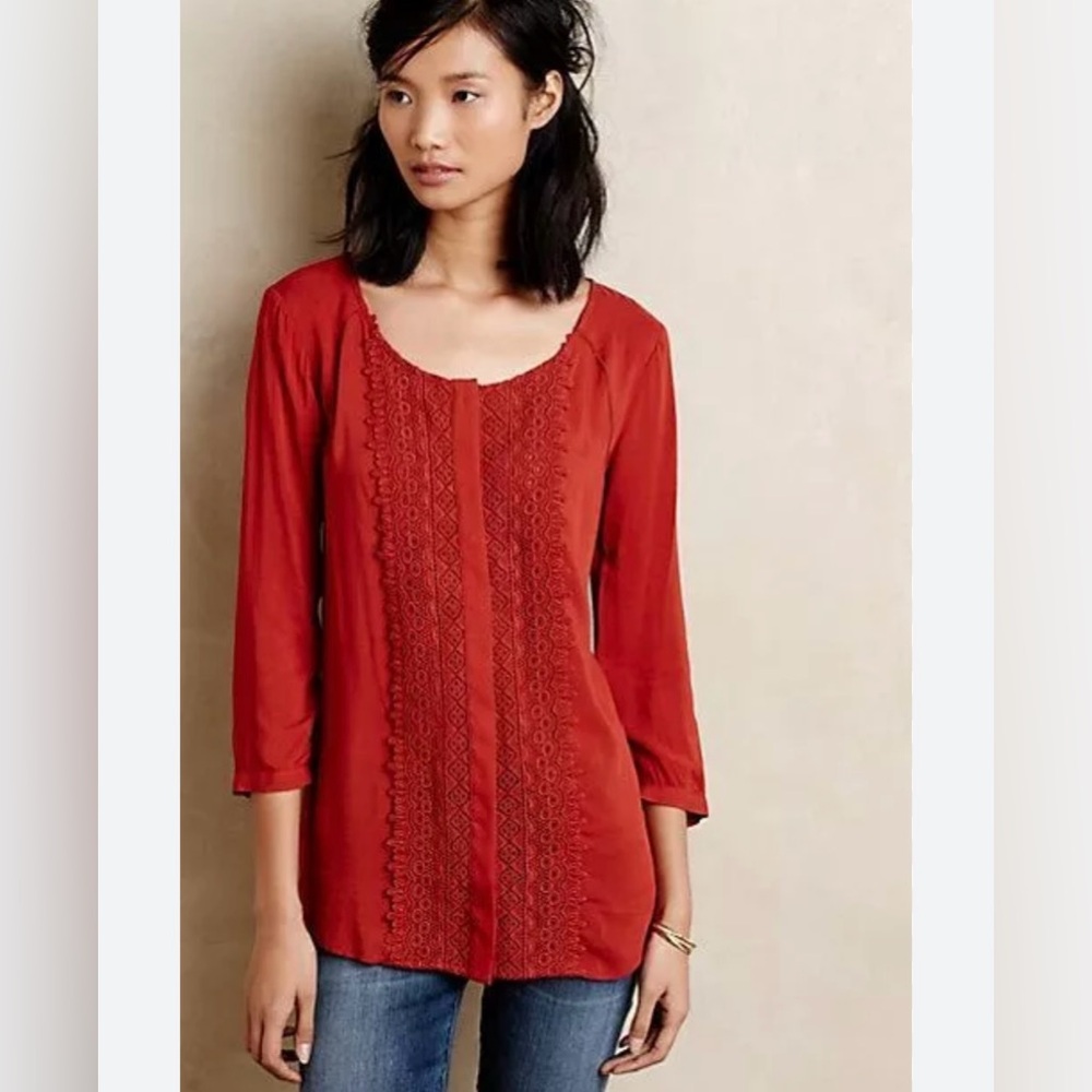 Anthropologie Red Embellished Tunic Top